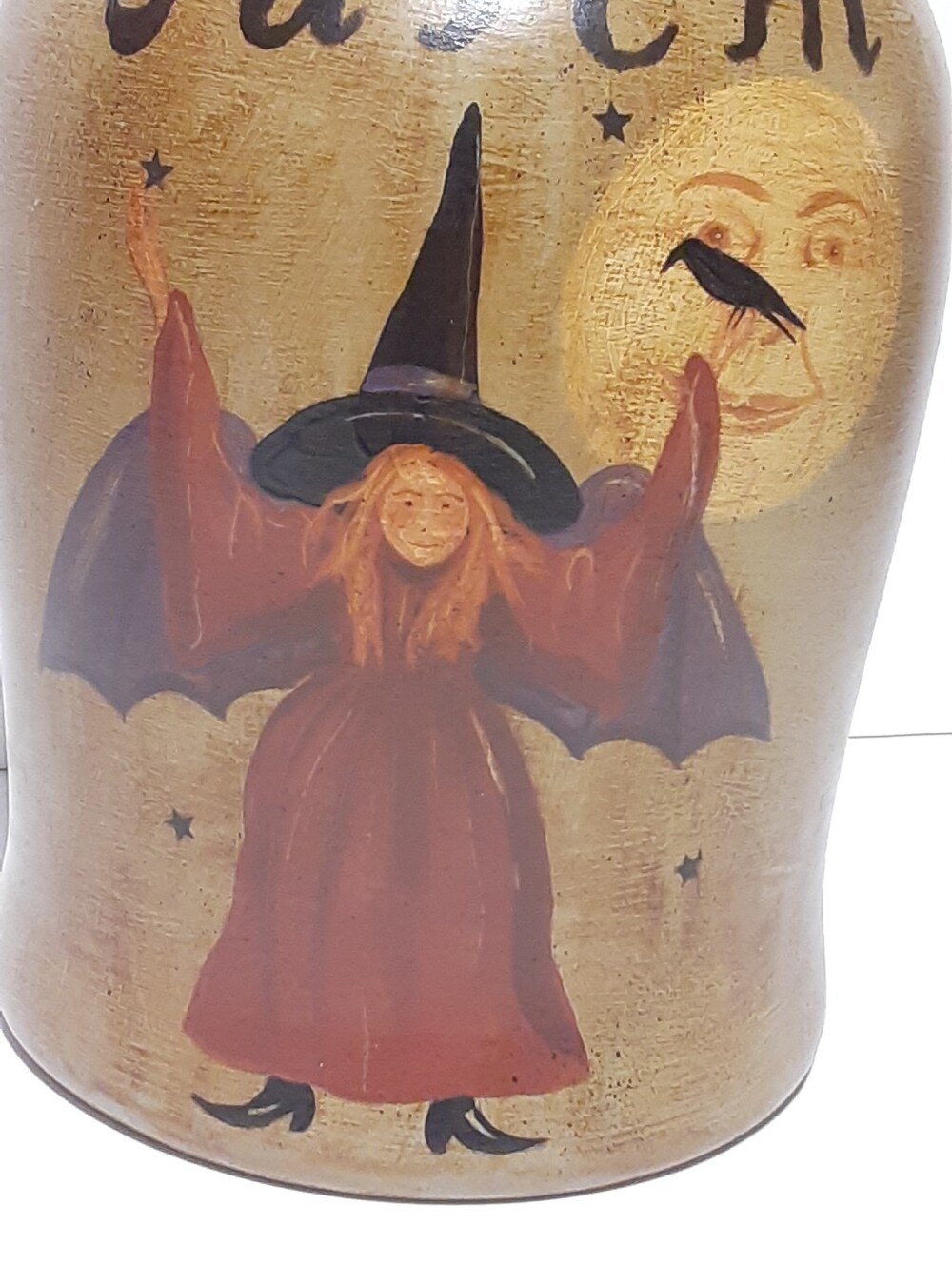 Folk Art Jug RANEY WHITE Artist SIGNED Halloween OOAK 2007 Salem Witch Celestial - Picture 3 of 8